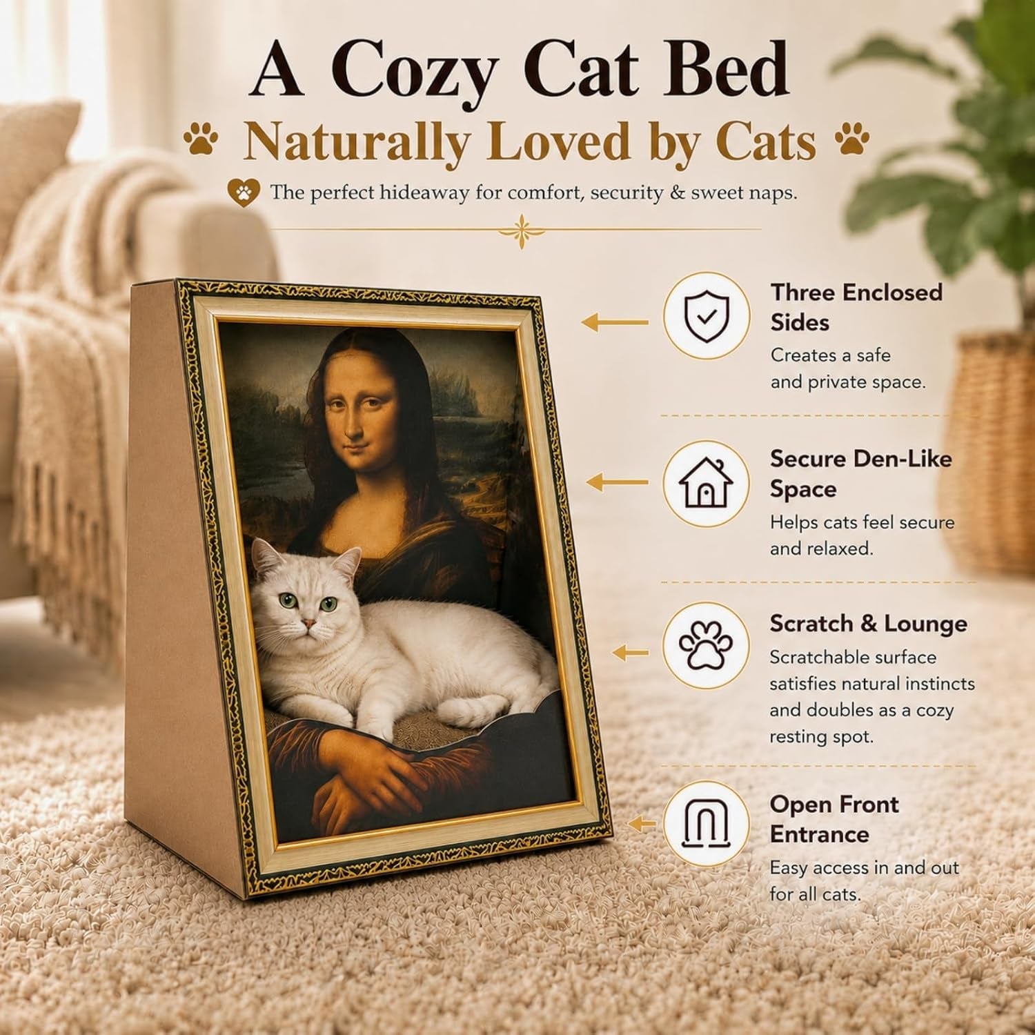 mona-lisa-cat-bed-3-in-1-cardboard-cat-house-with-scratching-pad-cozy-hideout-artistic-cat-furniture-for-indoor-cats-decorative-cat-condo-for-home-decor-easy-setup-novelty-gift-for-cat-lovers