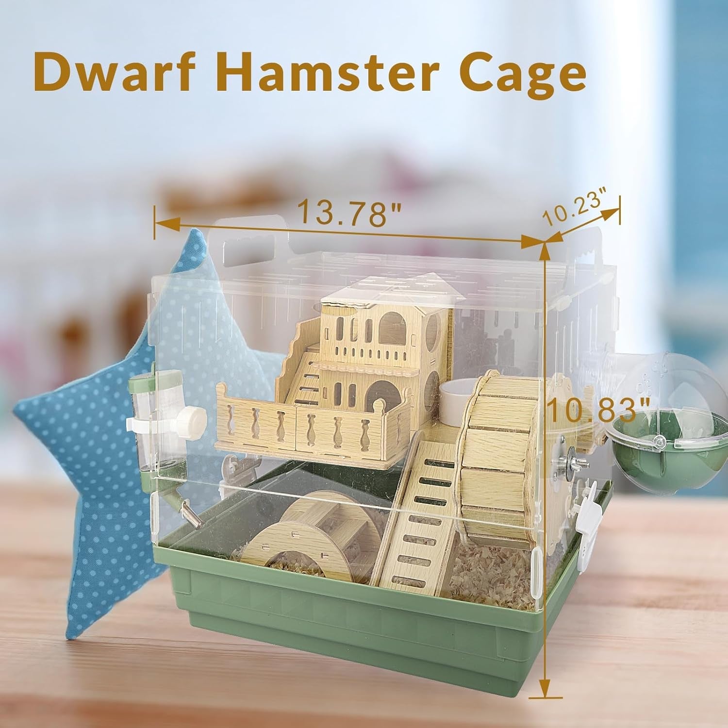 cycodo-8-in-1-acrylic-hamster-cage-2-tier-dwarf-hamster-cage-with-wooden-wheel-hideout-small-hamster-habitat-with-accessories-clear-pet-mice-housegreen-14-l-10-w-11-h