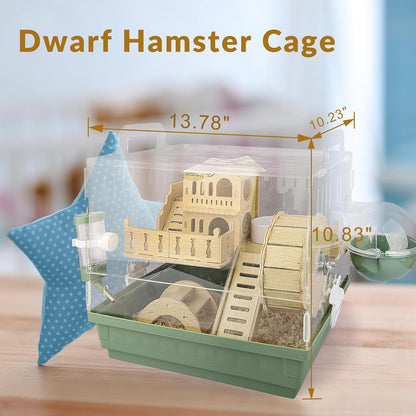 Cycodo 8 in 1 Acrylic Hamster Cage,2-Tier Dwarf Hamster Cage with Wooden Wheel & Hideout,Small Hamster Habitat with Accessories,Clear Pet Mice House(Green,14" L*10" W*11" H)4