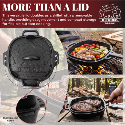 Cast Iron Camp Dutch Oven with Legs 9QT, Pre-Seasoned Camping Dutch Oven with Lid, Outdoor Pot with Lid Lifter, Storage Bag & Handle for Camping, Baking, Grilling, Rounded-Square Shape6