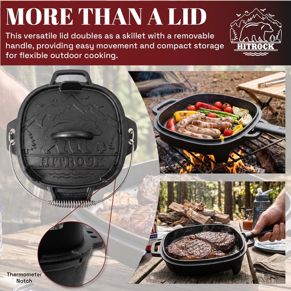 Cast Iron Camp Dutch Oven with Legs 9QT, Pre-Seasoned Camping Dutch Oven with Lid, Outdoor Pot with Lid Lifter, Storage Bag & Handle for Camping, Baking, Grilling, Rounded-Square Shape6
