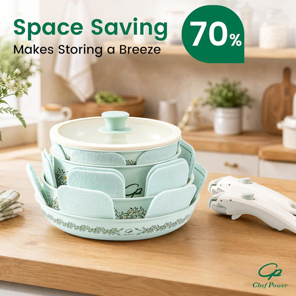 Ceramic Cookware Set Non Toxic with Detachable Handles, Healthy Nonstick Decal Pans and Pots Set 14 Pcs, Induction Dishwasher Oven Safe Kitchen Set, Light Green with Olive Branch4