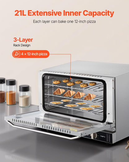 Commercial Convection Oven, 21L/19Qt, Quarter-Size Conventional Oven Countertop, 1440W 3-Tier Toaster W/Front Glass Door, Electric Baking Oven W/Trays Wire Racks Clip Gloves, 120V2