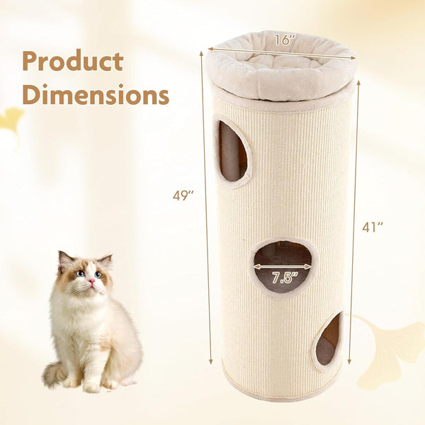 Tangkula 4 Story Cat Tree Condo, 49” Barrel-Shaped Cat House with Detachable Sisal Scratching Board, 3 Hideaways & Removable Soft Top Plush Bed, Interior Bamboo Mat, Modern Cat Tower for Indoor Cats4