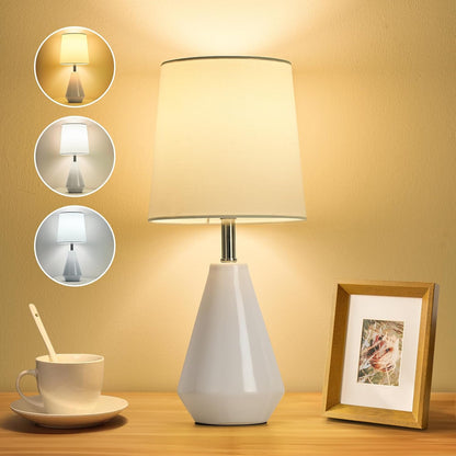 Small Bedside Table Lamp for Bedroom - Reading Desk Lamp with 3 Color Temperatures，15.5" Nightstand Ceramic Lamp with Fabric Shade for Kids Room,Living Room,Dorm,Home Office (White)8