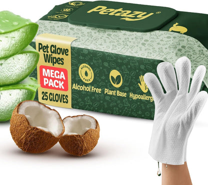 Petazy Pet Glove Wipes for Dogs & Cats – Hypoallergenic Thick Cleaning Gloves with Aloe & Coconut Oil for Paws, Face, Ears & Butt, Instant No Rinse Grooming Wipes to Deodorize and Hydrate, 25 Pack1