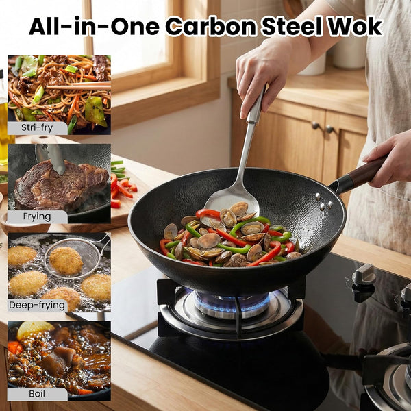 13 Inch Carbon Steel Wok with Lid, Large Flat Bottom Woks & Stir-Fry Pan | Large Chinese Wok Pan, 6.45QT, Nitrided Carbon Steel, No Chemical Coating, for All Stoves6