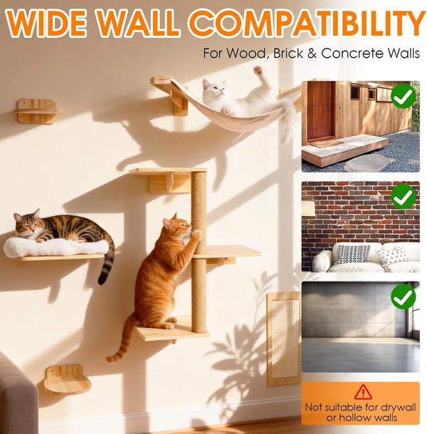 6In1 Cat Wall Shelves Climbing Systems, Large Cat Furniture Shelf Set Wall Hanging Mounted, Hammock Sisal Scratching Perch Bed 2 Steps Tower Tree for Indoor House Corner Ladder7