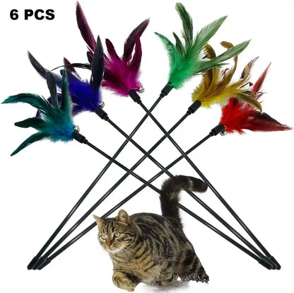 Cat Wand Toy Feather Stick Cat Toys, 6 Pieces Interactive Cat Toy Feathers Wand for Indoor Cats (A)6