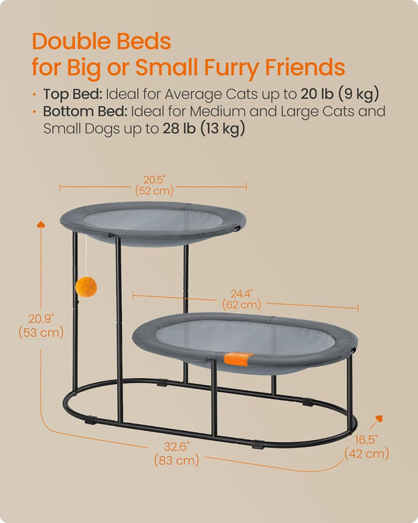 Feandrea 2-Tier Elevated Cat Hammock Bed, Breathable Furniture for Multi-Cat Households Indoor and Outdoor, with Removable Washable Mesh, Steel Frame, for Summer, Dove Gray UPCB012G016