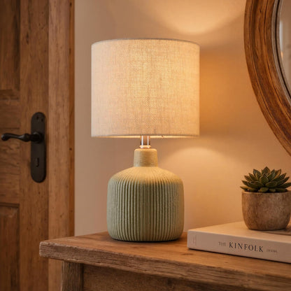 Ceramic Table Lamp, Oliver Green, 17.75" | Beige Linen Shade, Warm Ambient Lighting, Bedside Nightstand, Natural1