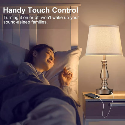 Lamps for Bedrooms Set of 2, Brushed Nickel Bedside Lamps with USB C+A Ports,Dimmable Nightstand Lamps with Fabric Lampshade, Touch Table Lamp for Living Room Bedroom Office, Bulbs Included5