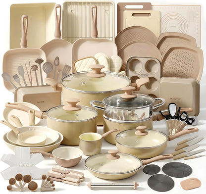 75-Piece Non-Stick Pots and Pans Set, Complete Ceramic Cookware Set with Bakeware, Utensils, Knife Set, & Accessories, Stain-Resistant, Food-Grade Safe, Cream/Brown1