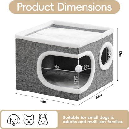 Cat Houses for Indoor Cats, Large Covered Cat Cave Beds & Furniture with Scratch Pad and Fluffy Ball,Foldable Cat Hideaway for Kitten,16X16X13 Inches, Grey4