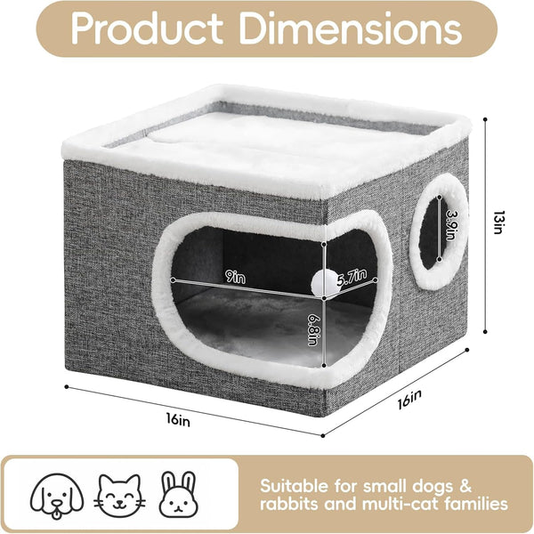 Cat Houses for Indoor Cats, Large Covered Cat Cave Beds & Furniture with Scratch Pad and Fluffy Ball,Foldable Cat Hideaway for Kitten,16X16X13 Inches, Grey4