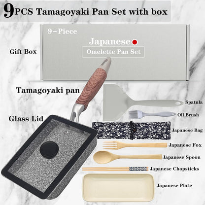 9Pcs Tamagoyaki Pan Set, Japanese Omelette Pan Nonstick with Lid, Square Japanese Egg Skillet Rectangle 7"X5" Grey7