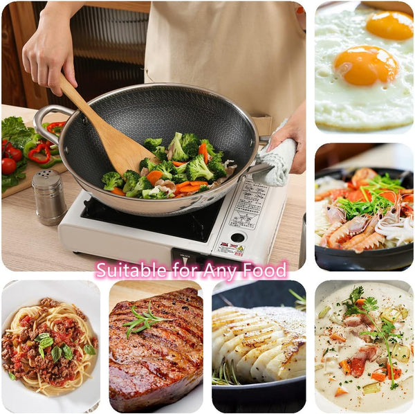 12.5Inch Stirfry Pan with Coating Stainless Steel Wok Pan with Nonstick Coating,Frying Pans, Stay-Cool Handle,Works with Gas, Electric, Ceramic Furnace Stove,Suitable for Home , Outdoor Camping6