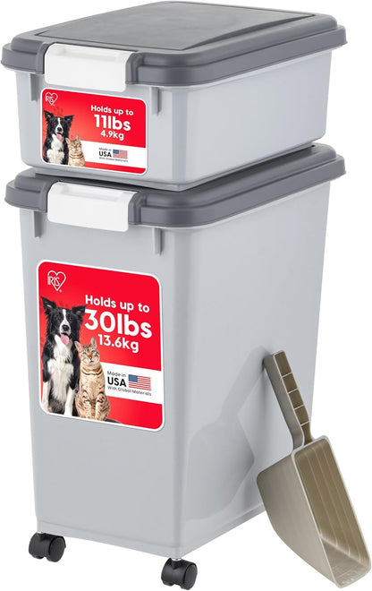 IRIS USA Dog Food Storage Container 30 Lb + 11Lb Airtight Combo, Stackable Pet Food Storage Bin with Wheels for Cat Dog Food, BPA Free, Made in USA, Black | Stackable Pet Food Plastic Storage Bins with Wheels for Cat and Dog Food, Made in USA10