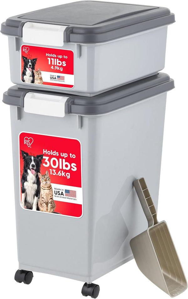 IRIS USA Dog Food Storage Container 30 Lb + 11Lb Airtight Combo, Stackable Pet Food Storage Bin with Wheels for Cat Dog Food, BPA Free, Made in USA, Black | Stackable Pet Food Plastic Storage Bins with Wheels for Cat and Dog Food, Made in USA10