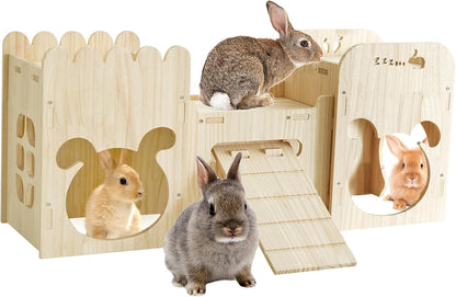 Extra Large Rabbit Castle, Wooden Bunny House &,Detachable Rabbit Hideaway, Indoor Hamster Castle with Ramp, Small Animal Houses & Habitats for Guinea Pig Chinchilla Ferret(3 House)13