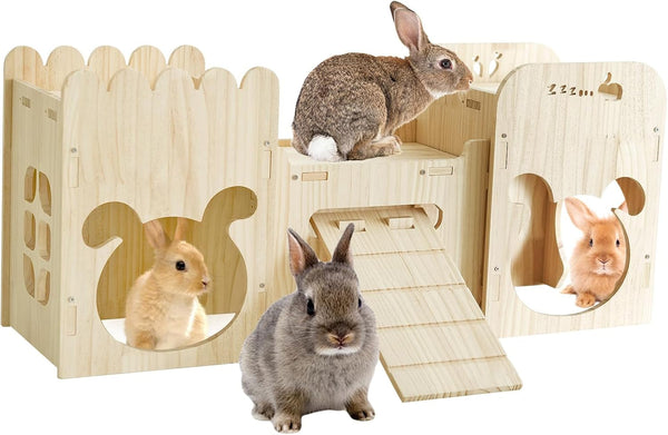 Extra Large Rabbit Castle, Wooden Bunny House &,Detachable Rabbit Hideaway, Indoor Hamster Castle with Ramp, Small Animal Houses & Habitats for Guinea Pig Chinchilla Ferret(3 House)13