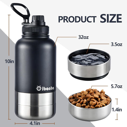 Cibaabo Insulated Dog Water Bottle 32Oz Keep Water Cool with 2 Bowls | Travel Feeding & Hydration | Stainless Steel Double Wall Thermos | Portable Pet Dispenser | for Dog & Owner | Hiking Beach2