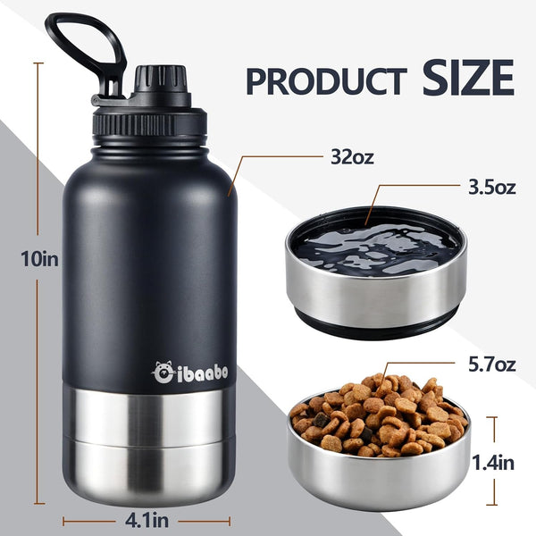 Cibaabo Insulated Dog Water Bottle 32Oz Keep Water Cool with 2 Bowls | Travel Feeding & Hydration | Stainless Steel Double Wall Thermos | Portable Pet Dispenser | for Dog & Owner | Hiking Beach2
