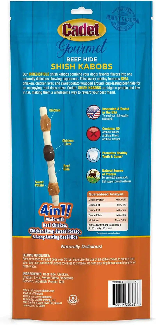 Cadet Gourmet Shish Kabob Dog Chews for Large Breeds, Rawhide Treats for Dogs with Chicken and Sweet Potato, Healthy & Natural Beef Hide, 10-Inch Sticks, 4 Count (Pack of 1)8