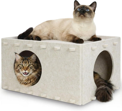 Cat House for Indoor Cats, Scratch Resistance Cat Cave Bed, Felt Peekaboo Cat Hideaway for Large & Multiple Cats up to 22Lbs, Cream1