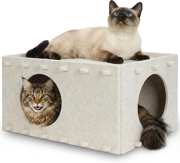 Cat House for Indoor Cats, Scratch Resistance Cat Cave Bed, Felt Peekaboo Cat Hideaway for Large & Multiple Cats up to 22Lbs, Cream1