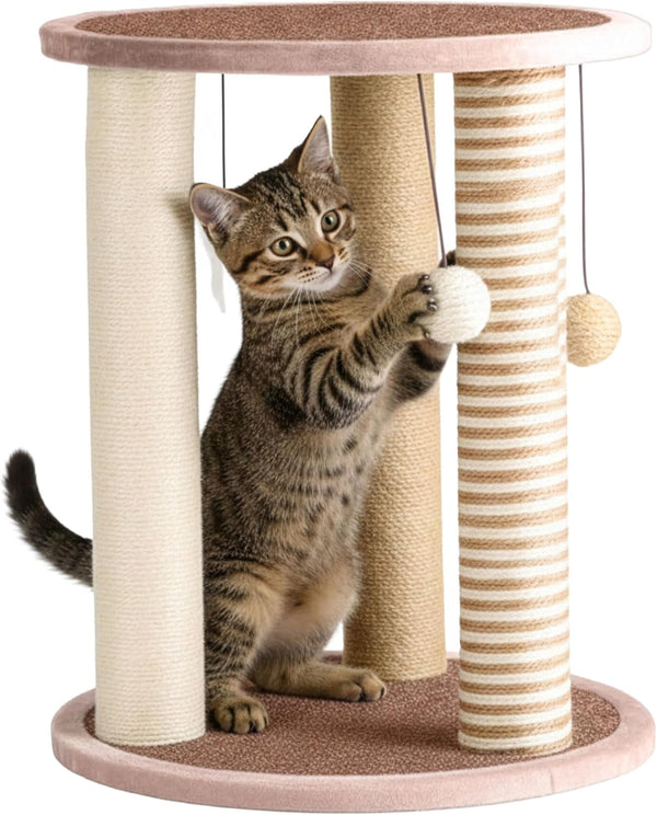 Cat Scratching Post - 3 Scratcher Posts with Carpeted Base Play Area and Perch - Furniture Scratching Deterrent for Indoor Cats by PETMAKER (Brown), Large1