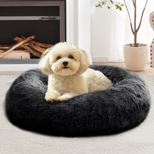 JOLLYVOGUE Small Dog Bed, Calming Dog Beds for Small Dogs & Indoor Cats - 20 Inches Donut Washable Cat Bed for Kittens & Puppies, round Fluffy Plush Faux Fur Pet Beds(Smoke Grey)23