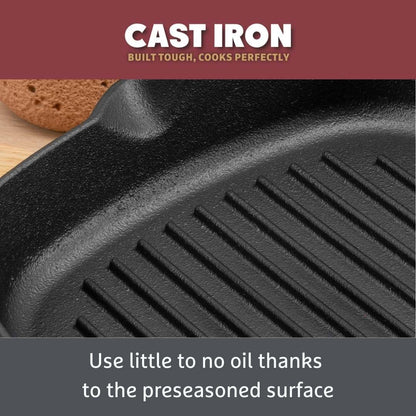 Cast Iron Cookware Set – 6 Piece, Burger Press, Small & Medium Frying Pans, Grill Pan, Griddle Pan, Casserole Dish, Pre-Seasoned, Non-Toxic, Induction & Oven Safe, Easy Clean6