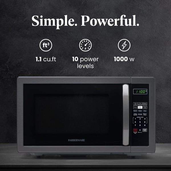 1.1 Cu. Ft. Countertop Microwave Oven – 1000 Watts Power, Auto Cook Settings, Defrost, Easy Clean and Child Safety Lock - Stainless and Black2