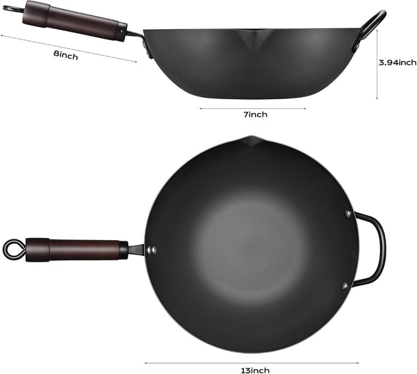 Wok, 13.5 Inch Carbon Steel Wok Pan with Steamer & Stir-Fry Pans Nonstick, 5QT Flat Bottom Chinese Woks2
