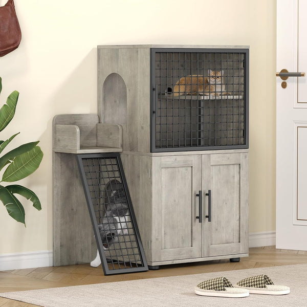IDEALHOUSE Modern Cat Litter Box Enclosure with Platform, Double Layer Hidden Litter Box, Indoor Washroom, Villa Cat House with Ladder, 33.5" L X 17.9" W X 41.9" H,Dark Grey8