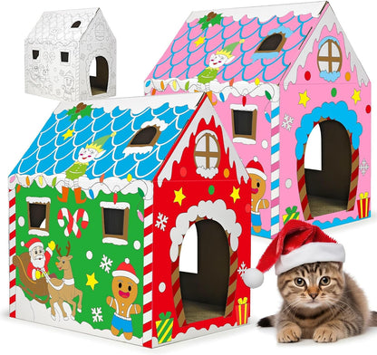 Cinrobiye Cardboard Cat House with Scratcher, Indoor Cat Condo Cat Cave Hideout with Scratch Pad, Cardboard Cat Playhouse Bed for Cats, Kittens, Rabbits & Small Pets (Mushroom)9