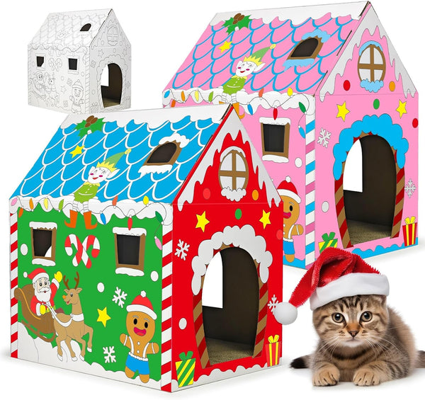 Cinrobiye Cardboard Cat House with Scratcher, Indoor Cat Condo Cat Cave Hideout with Scratch Pad, Cardboard Cat Playhouse Bed for Cats, Kittens, Rabbits & Small Pets (Mushroom)9