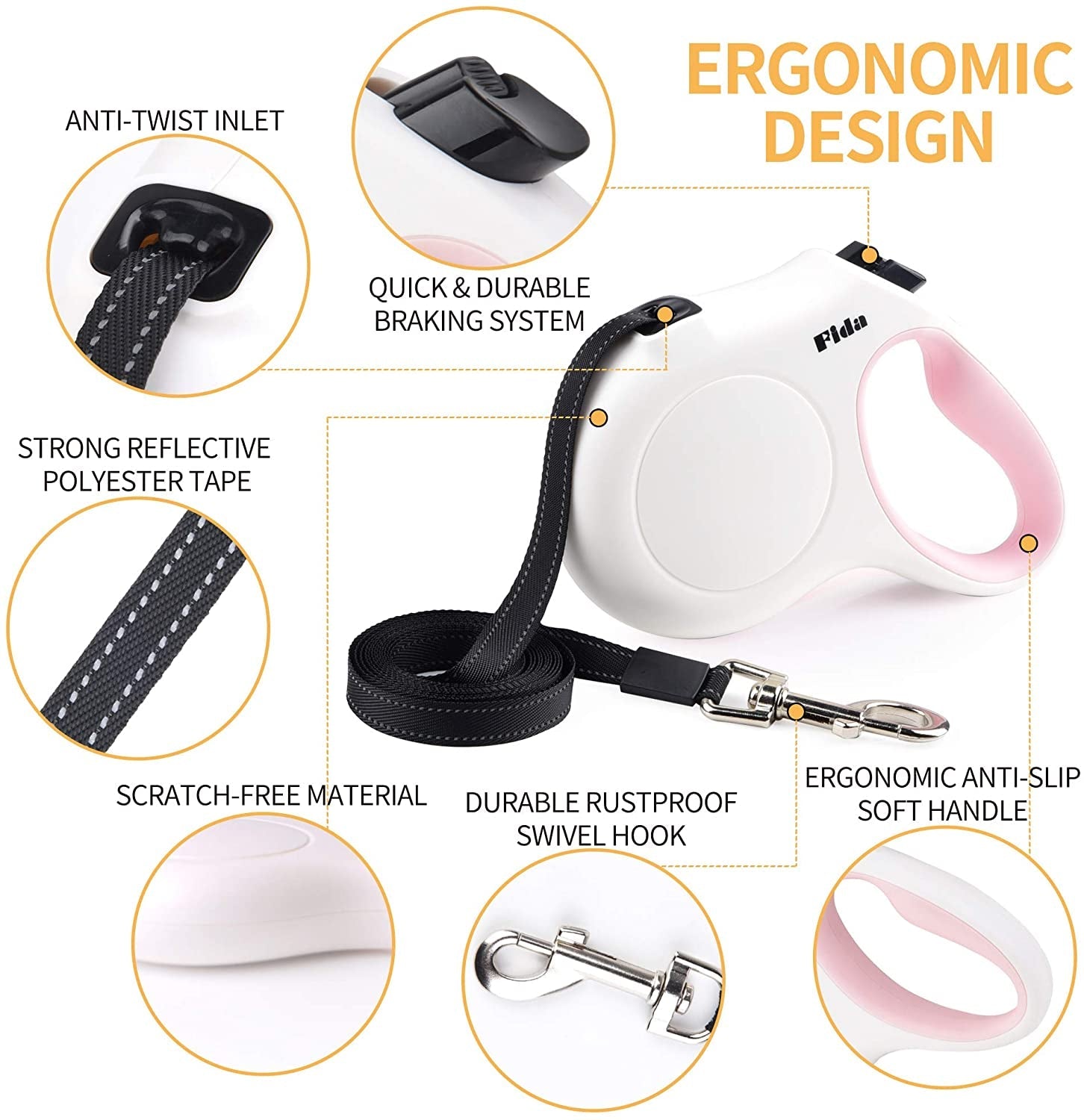 fida-retractable-dog-leash-for-small-breed-up-to-26-lbs-16-ft-pet-walking-leash-with-dispenser-and-poop-bags-anti-slip-handle-reflective-strong-nylon-tape-one-handed-brake-s-white-pink