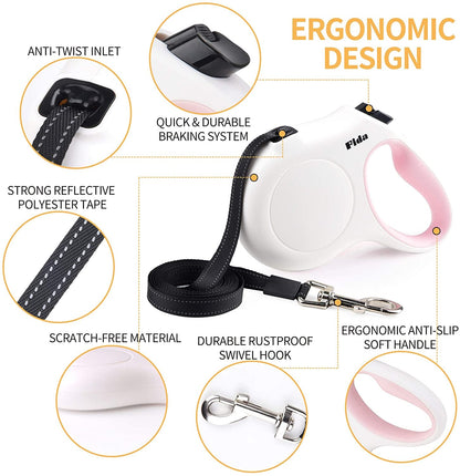 Fida Retractable Dog Leash for Small Breed up to 26 Lbs, 16 Ft Pet Walking Leash with Dispenser and Poop Bags, Anti-Slip Handle, Reflective Strong Nylon Tape, One-Handed Brake (S, White & Pink)3