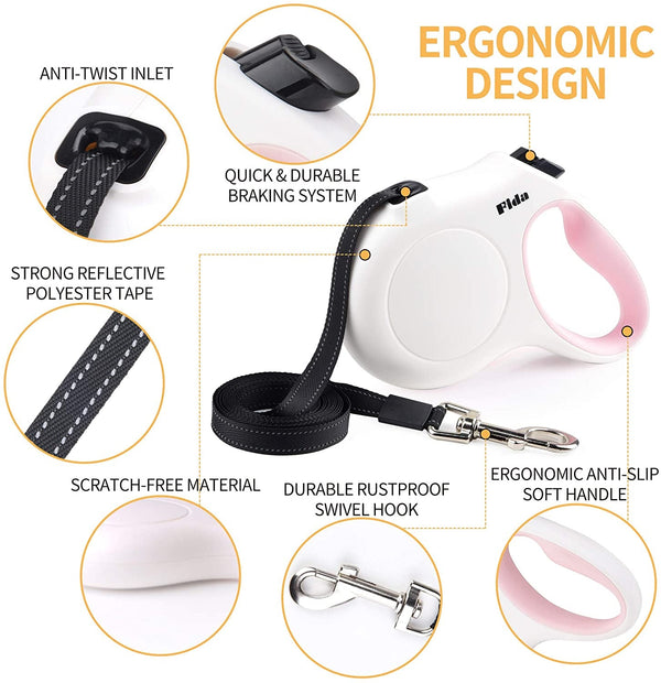 Fida Retractable Dog Leash for Small Breed up to 26 Lbs, 16 Ft Pet Walking Leash with Dispenser and Poop Bags, Anti-Slip Handle, Reflective Strong Nylon Tape, One-Handed Brake (S, White & Pink)3
