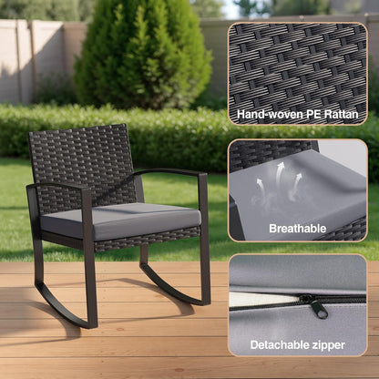 3 Pieces Patio Furniture Set Rocking Bistro Set Outdoor Rattan Conversation with Coffee Table for Garden Balcony Backyard Poolside (Grey Cushion)4