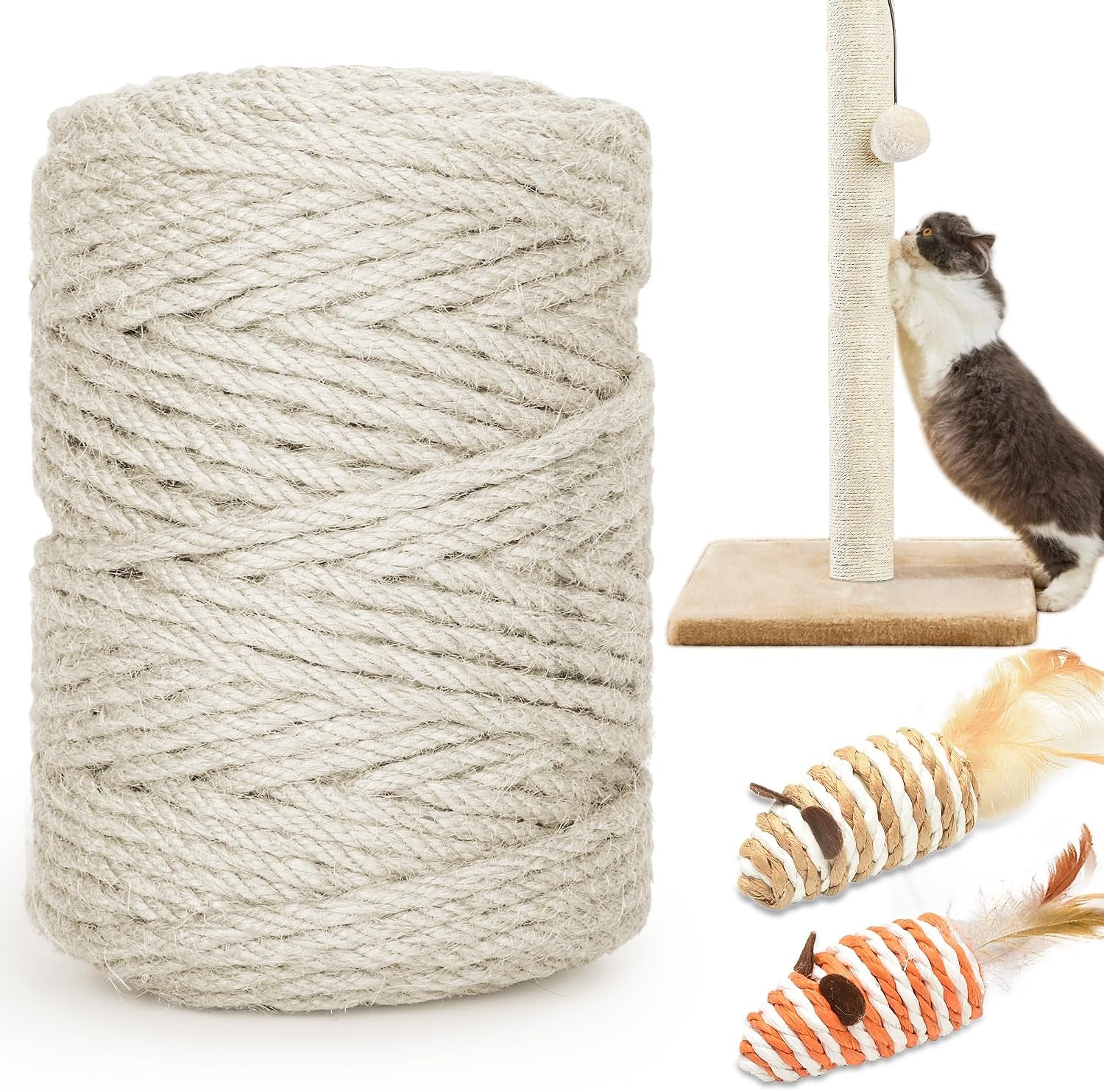 328ft-1-4-inch-cat-scratching-sisal-rope-for-cat-trees-posts-thick-white-jute-rope-with-2-cat-mouse-toys-for-scratch-posts-cat-towers-diy-projects