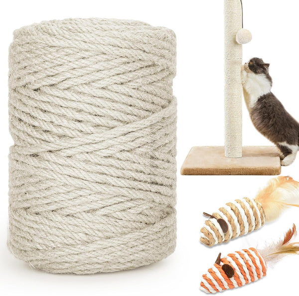 328FT 1/4 Inch Cat Scratching Sisal Rope for Cat Trees & Posts | Thick White Jute Rope with 2 Cat Mouse Toys for Scratch Posts, Cat Towers & DIY Projects1