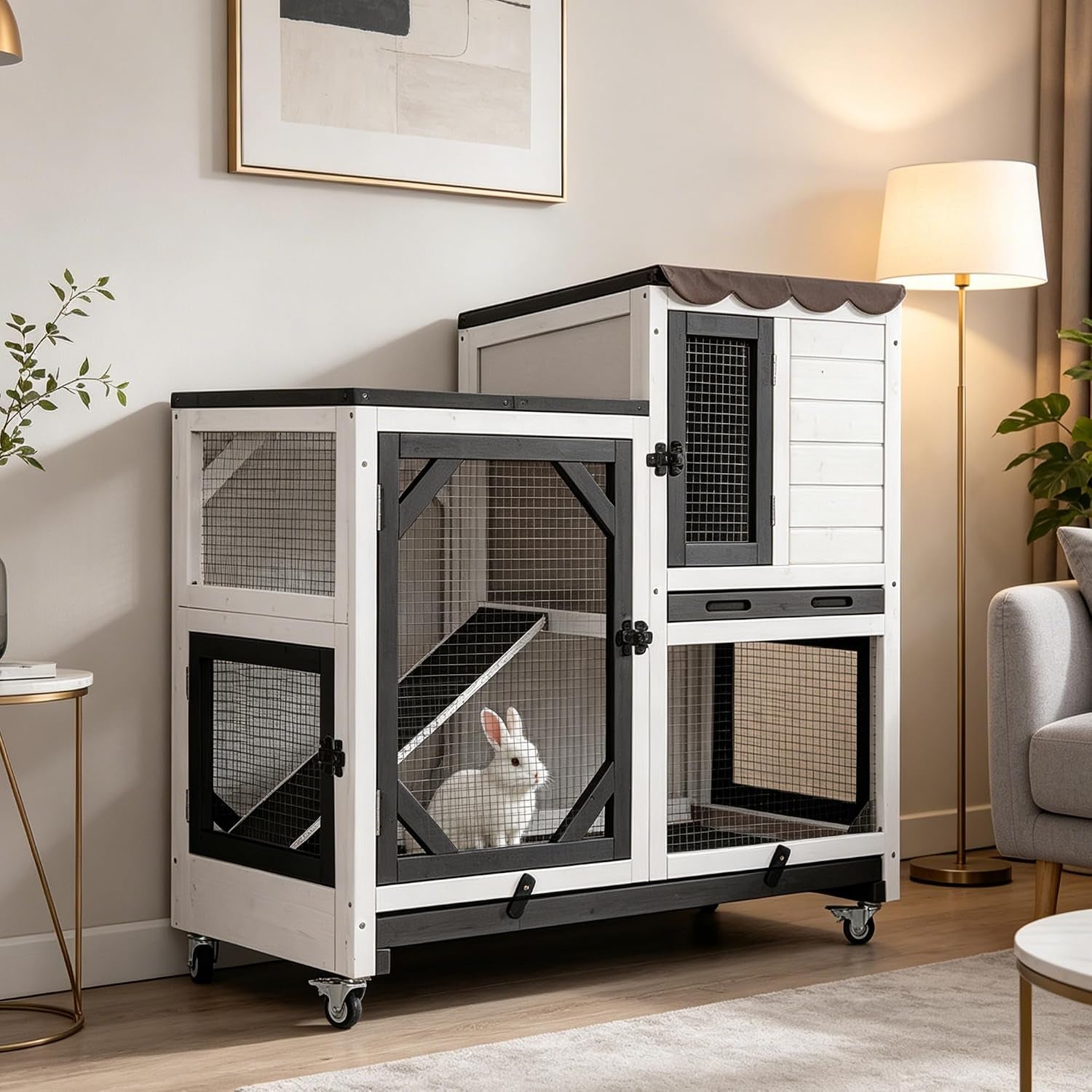 gutinneen-wooden-duplex-rabbit-cage-on-wheels-with-chew-proof-ramp-grey-4-mobile-swivel-casters-2-story-design-waterproof-rain-cover-5-access-doors-2-sliding-trays