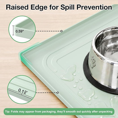 22X19 Pet Feeding Mat Waterproof Nonslip Cats and Dogs Water Bowl Mat | Silicone 0.59" Raised Edges Contain Food & Water Spills, Easy to Clean, Bpa-Free, Reinforced to Resist Collapse,Light Green2