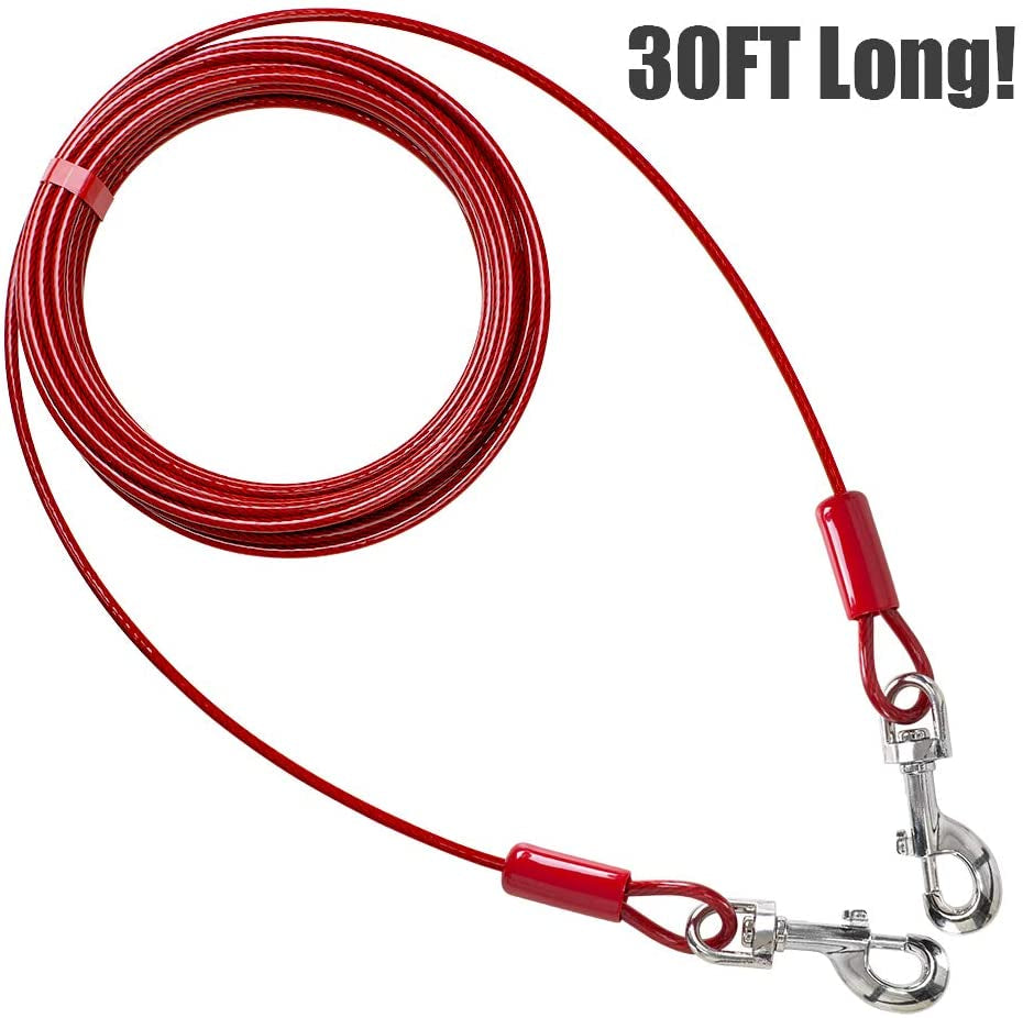 bv-dog-tie-out-cable-30-feet-heavy-duty-dog-lead-up-to-125-pounds-reflective-rust-free-with-quick-release-swivel-clips-360-rotating-clasp-tangle-free-dogs-runner-for-yard-red-single