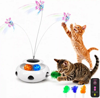3-In-1 Interactive Cat Toy with Remote Control, Butterfly Wand & Automatic Retractable Feathers & Rolling Ball Track, Multi-Functional Cat Toy for Indoor Cats, Suitable for Bored Kitten, White1
