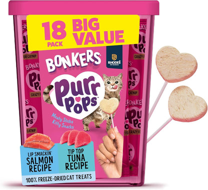 Bonkers Purrpops Freeze Dried Tuna & Salmon Flavor Lollipop Cat Treats, Healthy Real Meat Treats, Training Treats or Food Topper, for All Breeds and Ages, Value Pack (18 Pieces)1