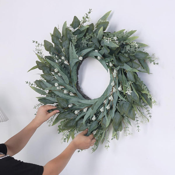 26" Large Artificial Eucalyptus Wreath with Seeds for Front Door(Green) | 3 Different Shape of Eucalyptus Leaves, Realistic Fake Wreath, for Window/Farmhouse/Porch/Home/Holiday/Wall/Outdoor Decor5